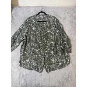 Catherines 3X Blouse Green White Floral Button Front 3/4 Sleeve Plus Size Top